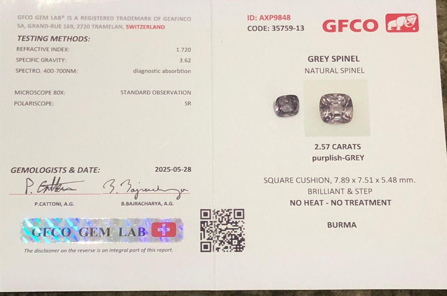 Natural Grey Spinel Gemstone: 2.57 Carat Square Cushion Cut, Untreated Burma Stone