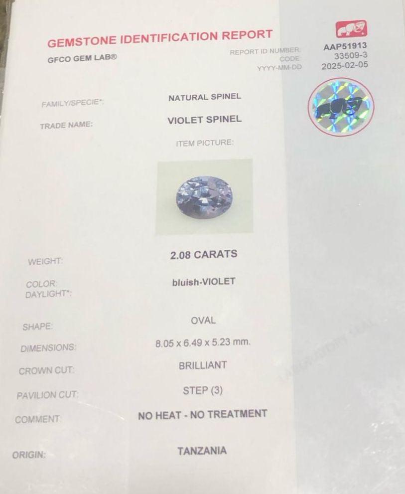 Violet Spinel Gemstone: 2.08 Carat Oval Cut, Certified Tanzanian Stone