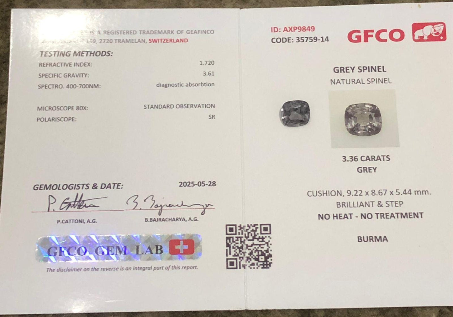 Natural Grey Spinel Gemstone: 3.36 Carat Cushion Cut Burma Spinel